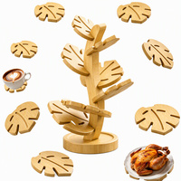 Ensemble de dessous-de-plat en bambou avec support en forme d'arbre, 7 pièces, dessous-de-plat en forme de feuille de Monstera, tapis isolants thermiques pour le thé, le café et la table à manger