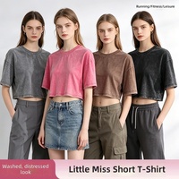 T-shirt graphique délavé style rétro américain, crop top tendance Y2K pour femme