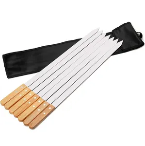 Custom 23 Inch Stainless Steel Barbecue Skewers with Wood Handle Kabob Skewers Flat Grilling Sticks Set of 7 with Bag