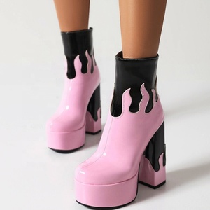 Fancy Fire Patchwork Round Toe Women Platform Short <b>Boots</b> Back Zipper Women Ankle Booties High Chunky Heels Shoes Customized - Product Image 1