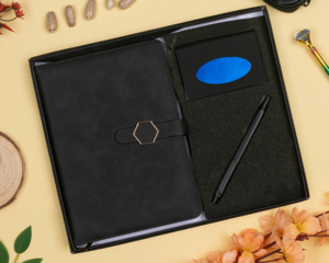 Combo agenda élégant de bureau A4 avec porte-clés en cuir PU stylo en métal étui à cartes de visite couverture en papier tissu travail présenté boîte-cadeau - Product Image 1