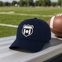 Gorra de béisbol al por mayor de algodón de 6 paneles con visera curva y bordado plano de escudo de fútbol, paquete para compradores de regalos deportivos con logotipo personalizado