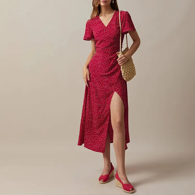 Career Manufacturer Designer Red Floral Dress Women Wholesale Short Sleeve Slit Polka Dot Dress Custom Summer Casual Career Midi Dress