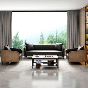 ชุดโซฟาสำนักงานทรงโมเดิร์นสำหรับผู้บริหาร ดีไซน์หรูหรา นั่งสบายเป็นพิเศษ พร้อมฟองน้ำความหนาแน่นสูงและตกแต่งด้วยไม้ - Product Image 1