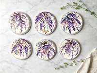 Alas Panci Keramik Bulat yang Dapat Disesuaikan, Motif Kupu-kupu Mawar Ungu Lavender Cat Air Tahan Panas Grosir