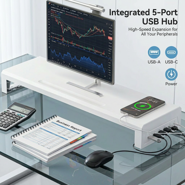 High-Speed Fast Charging Metal Monitor Stand Featuring Multiport USB Expansion Hub and Built-in Device Charging Platform