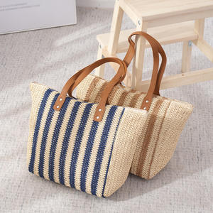 Nouvelle grande capacité femmes épaule dames sacs à main mode rayures verticales voyage shopping plage sac de paille - Product Image 1