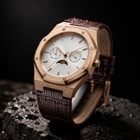 Montre pour homme avec affichage des phases lunaires, bracelet en cuir véritable grain crocodile, affichage de la semaine et fonction calendrier, montre-bracelet à quartz pour affaires