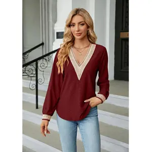 Europe America Elegant Solid T-Shirt Lady New Simple Lace Stitching V-Neck Loose Long Sleeve Street Blouse Cotton Tops