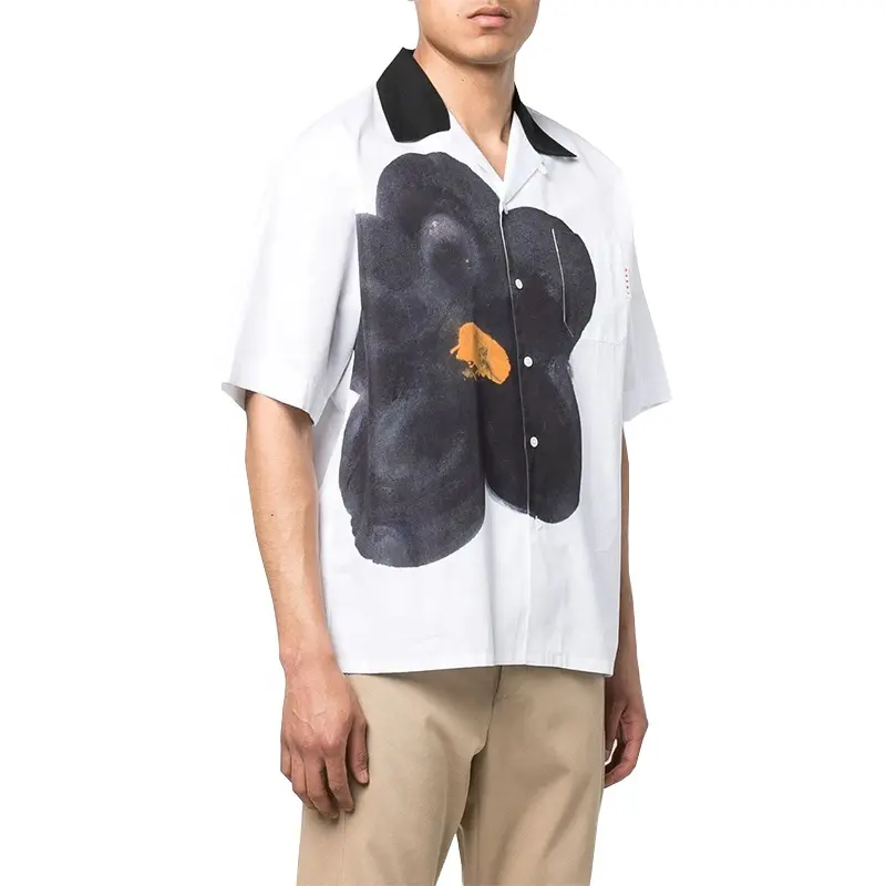 Custom men's white shirt cotton short sleeve bowling sports ink flower graphic print vintage shirts