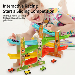 En stock en EE. UU. Pista de carreras de madera de 4 carriles con rampa, coches deslizantes y estacionamiento, juguete para niños pequeños y preescolares - Product Image 6