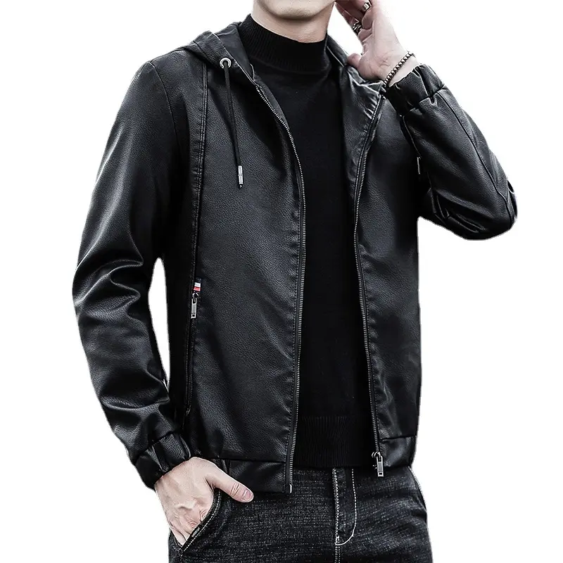 Amazon top sale Raidyboer Fashion Men Racer Motorcycle PU Leather Jackets Hooded Coat Black Brown Leather Jacket