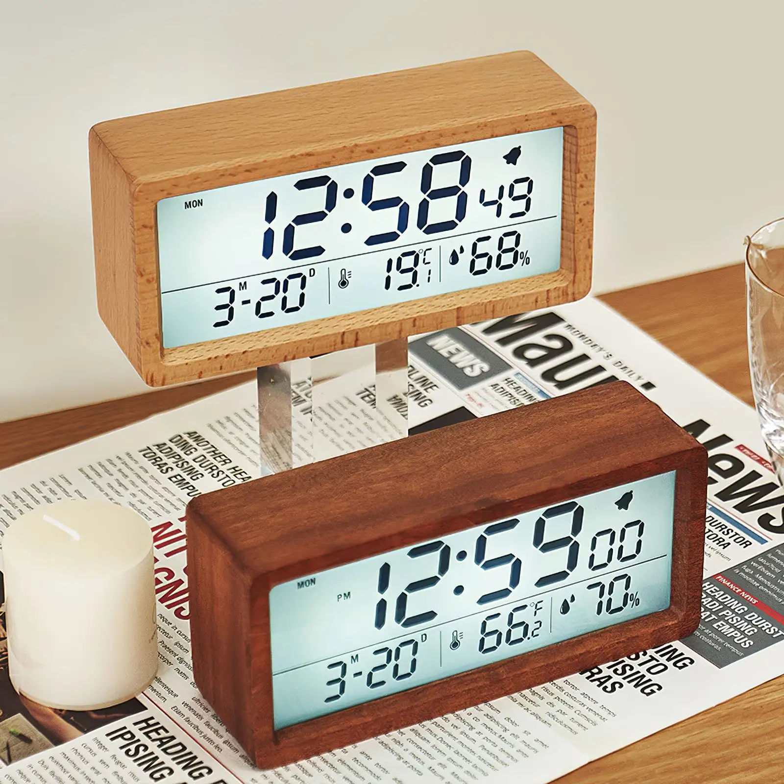 นาฬิกาปลุกไม้ไผ่ไม้แอลอีดีดิจิตอลตั้งโต๊ะไม้ที่เป็นของแข็งโคมไฟสร้างบรรยากาศ