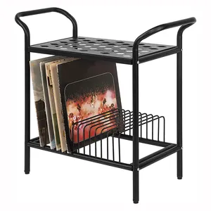 JH-Mech 16 Slot Vinyl Record Organizer Display Shelf Tabletop 2-Tier Modern Matte Black Mental Record Player Stand Table