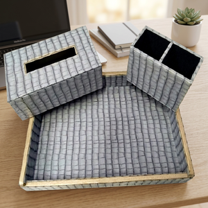 Plateau en similicuir avec boîte à mouchoirs et porte-stylo, ensemble de 3 pièces, blanc texturé - Product Image 3