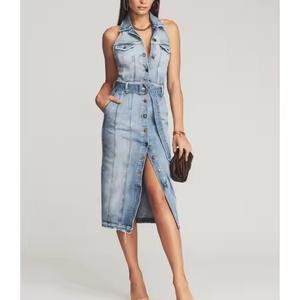 Vestido vaquero de verano al por mayor, elegante y sexy, sin mangas, con espalda descubierta, 100% algodón, con abertura, lavado ácido, estilo modesto - Product Image 1