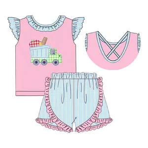 Maxine Factory Price Girls Applique Clothing Back To School Seersucker Design Girls Clothing Sets