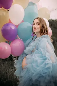Robe de soirée sexy en tulle à volants, longueur ras du sol, coupe trapèze, col en V, manches courtes, pour séance photo, baby shower, avec traîne, pour femme enceinte - Product Image 6