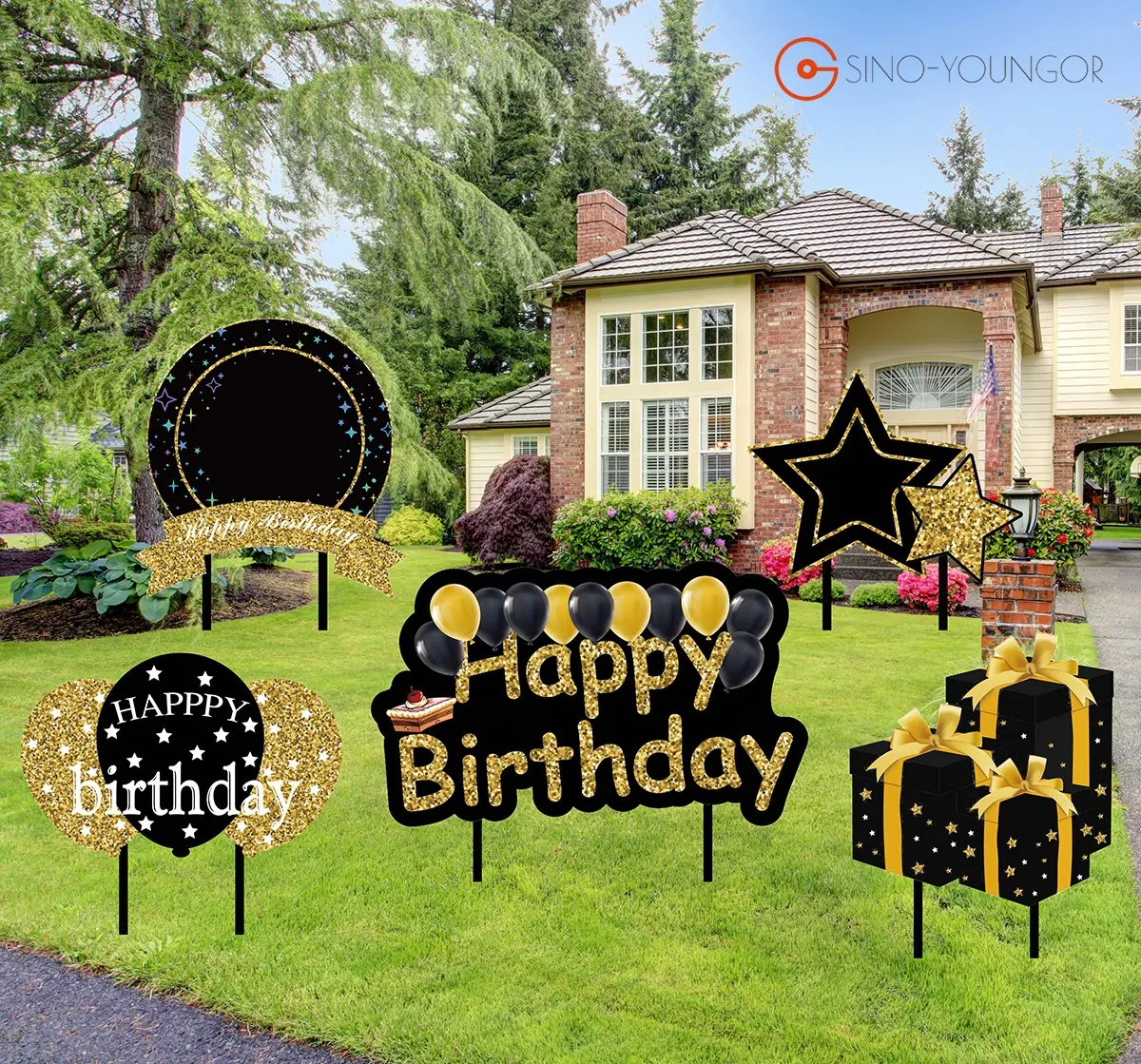 Black Gold Happy Birthday Outdoor Lawn Yard Signs Stakes LED christmas Balloon Cake star giftbox Outdoor Garden Party Decoration
