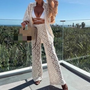 New Women's Lapel Hollow Lace Short Sleeve Top <b>Pants</b> Casual 2 Piece Set Fashion - Product Image 2