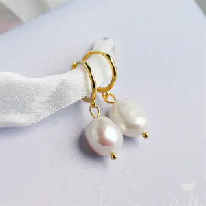 SP 925 Sterling Irregular Baroque Pearl Dangle Earrings 925 Silver Hoop Pearl Earring