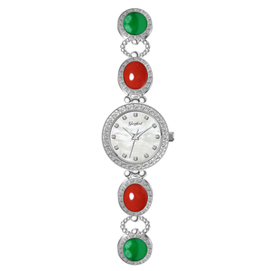 Montre-bracelet pour femme Gezfeel, pierres précieuses rouges et vertes, acier inoxydable, mouvement à quartz analogique rond, 30 mm, style élégant - Product Image 2