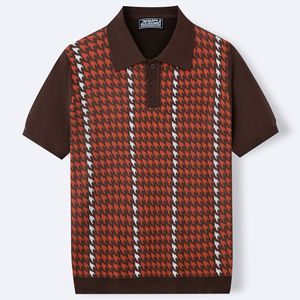 Maglia a maniche corte da uomo in viscosa jacquard fantasia pied-de-poule retrò, effetto seta ghiaccio rinfrescante, taglia standard europea e americana - Product Image 4