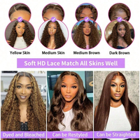 Perruques Lace Front sans colle en cheveux naturels, densité 250, brun chocolat, 13x4 HD, style Deep Water Wave Pixie Curly, pour femmes