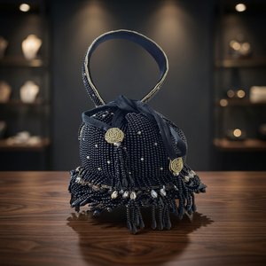 Sac Potli Noir Brodé de Perles de Qualité Supérieure avec Pompons, Fait Main, Élégant, pour Soirées et Mariages, Accessoire de Fête et de Mariage - Product Image 1