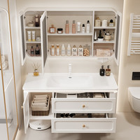 Meuble de salle de bain mural de style américain en bois d'hévéa écologique de haute qualité avec miroir intelligent et lavabo en céramique
