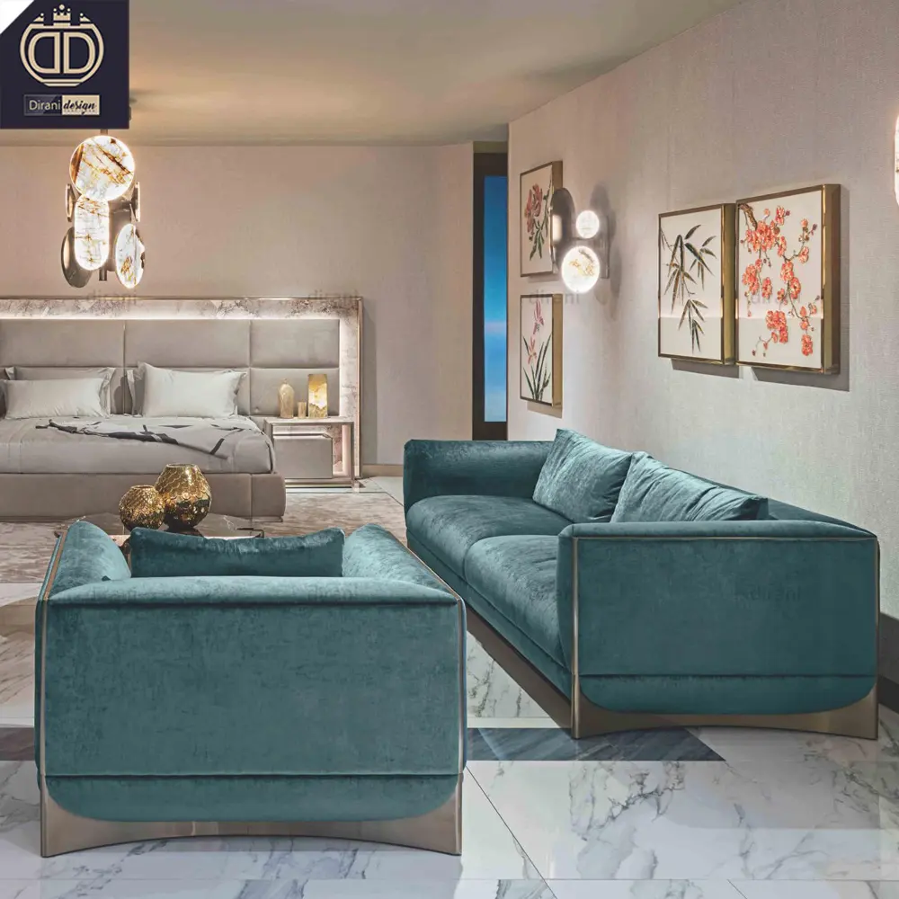 Sofá de sala de estar personalizado para el vestíbulo de la casa, tela de terciopelo verde, muebles modernos de lujo para villa