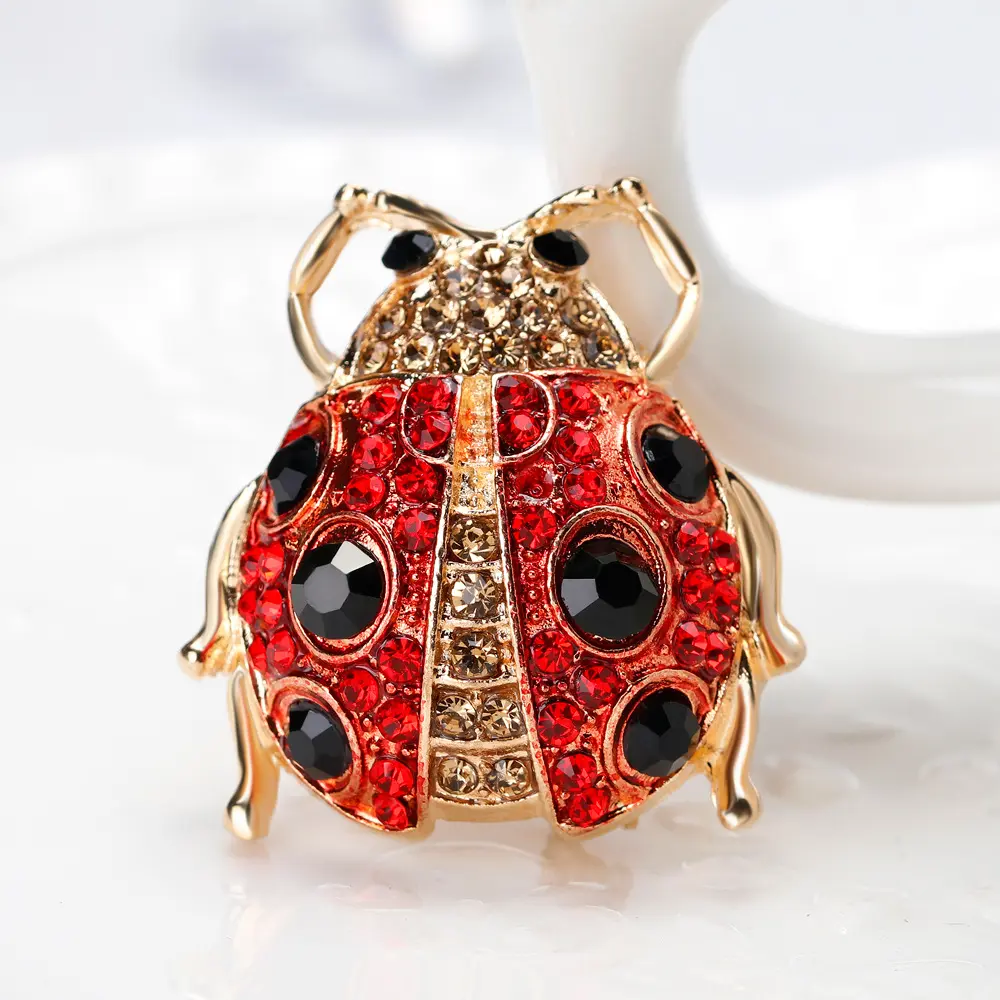 Korean Red Crystal Rhinestone Beetle Brooches Pins Colourful Insect Ladybug Brooch Clothing Accessories