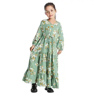 Nova Chegada Eid Bonito Floral Impresso Abaya Roupas Islâmicas Robe Manga Longa Malásia Meninas Muçulmanas Vestido