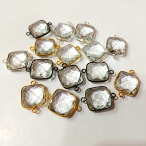 Conectores de Bisel de Doble Aro con Cristal de Roca Natural Blanco en Forma de Cojín Cuadrado de 15mm - Product Image 1
