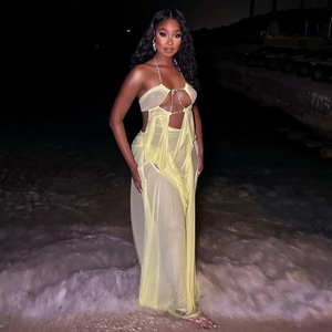 C1966 Nuovo Arrivo Estivo, Abito <span class=keywords><strong>Sexy</strong></span> in <span class=keywords><strong>Rete</strong></span> Trasparente con Scollo Basso e Collo all'Americana per Donna, Stile Vacanza - Product Image 4