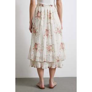 Falda Plisada con Volantes para Mujer, de Gasa, Cintura Elástica, Estampado Floral Suave, Color Crema, Largo Medio - Product Image 1