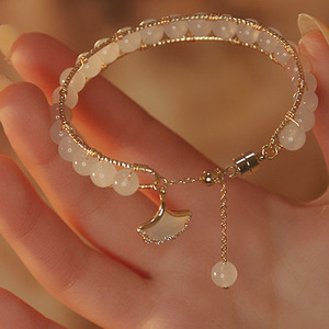 Imitation Natural White Jade Beads <b>Bracelet</b> for Women Round Ginkgo Leaf Pendant Handmade <b>Beaded</b> Crystal <b>Bracelet</b> for Women - Product Image 4