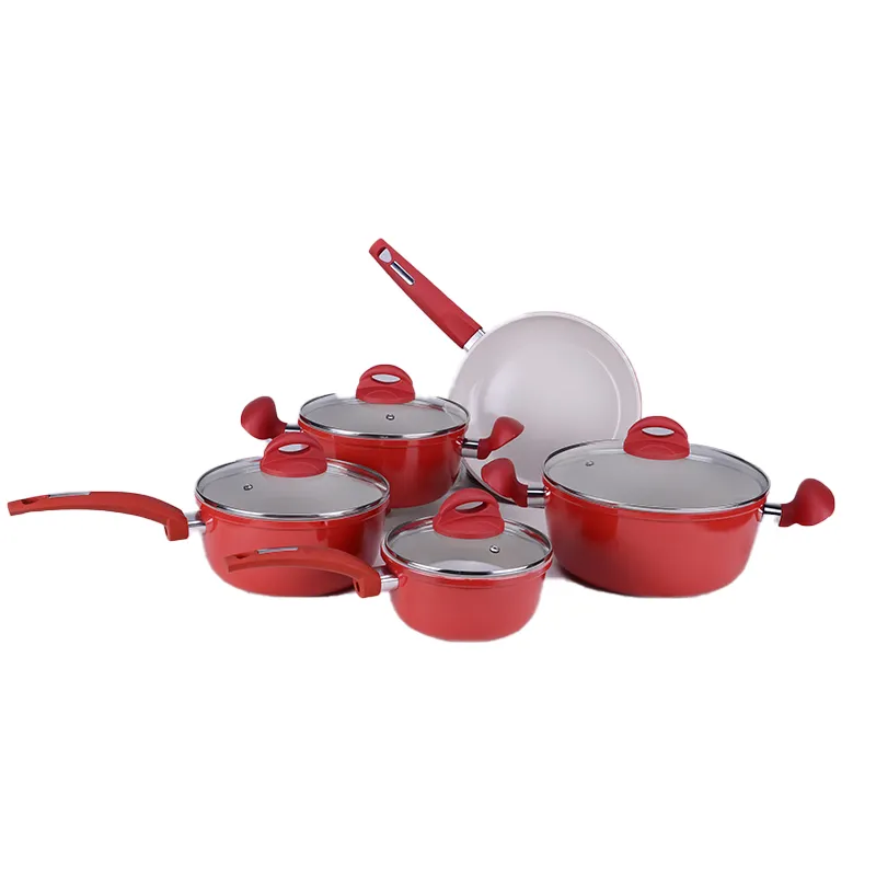 5pcs Cooking Cookware Set Best Selling Aluminum Food Aluminium OEM Packing Handle Feature Eco Material Origin Type Shape