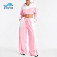 Ensemble de survêtement deux pièces color block personnalisé pour femme : sweat à capuche court zippé et pantalon de survêtement large – Tenue décontractée streetwear