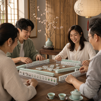Ubin Mahjong Akrilik Gaya Cina Warna Hijau Mint Putih Biru Tua Berukir, Set Permainan Portabel Ramah Lingkungan untuk Hiburan 4 Orang
