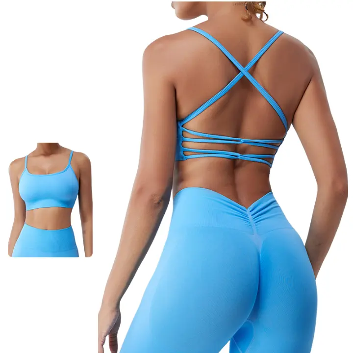 2 buah pakaian olahraga wanita Scrunch Gym Legging Yoga Set Bra tali tipis punggung terbuka silang pinggang tinggi celana Yoga ketat Legging V punggung