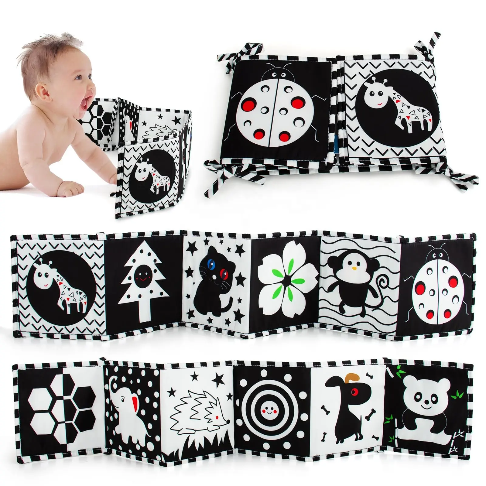 Livres noir et blanc jouets pour bébé à contraste élevé 0-6 mois livre doux pour l'éducation précoce jouets sensoriels pour le temps du ventre des nourrissons