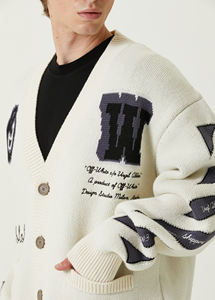 Customized High Quality Fashion Casual Beige V-Neck Jacquard Logo <b>Men's</b> Wool Knit <b>Cardigan</b> - Product Image 4