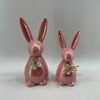 Lapin rose en céramique, 1 pièce, avec décoration fleurs