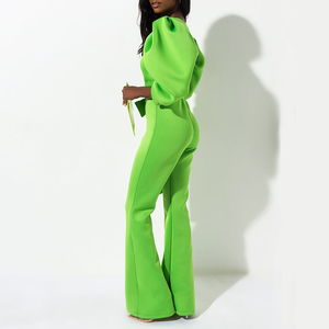 Di modo al neon verde delle donne del manicotto di soffio di un pezzo della <span class=keywords><strong>tuta</strong></span> <span class=keywords><strong>con</strong></span> pantaloni lunghi - Product Image 3