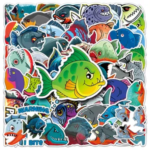 50 adet toptan fiyat su geçirmez etiket özel yapışkan dekoratif dizüstü bagaj karikatür deniz hayvan Piranha Sticker