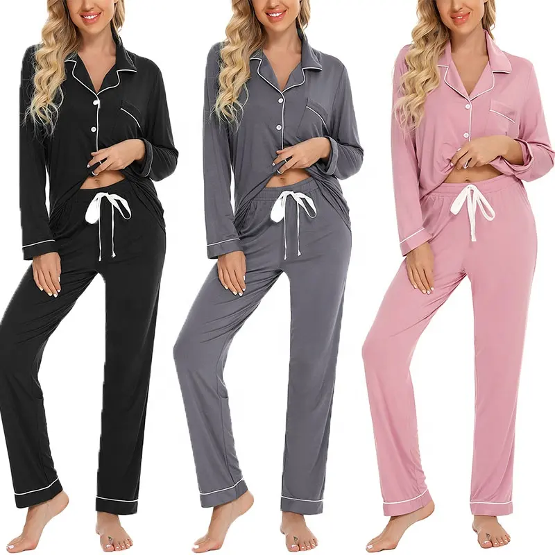 HONGBO Damen Pyjama Set für Damen 2-teilige Nachtwäsche Langarm Mom Lounge wear Button-Down Pyjamas Set