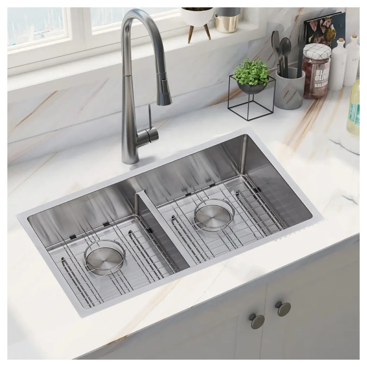 Stainless Steel Double Bowl Kitchen Sinks With Grid Functional Kitchen Sink High Grade Sinks