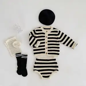 Automne nouveau-né infantile enfant en bas âge garçon fille rayure coton tricots Cardigan Shorts 2 pièces tenue bébé tricoté ensemble de vêtements