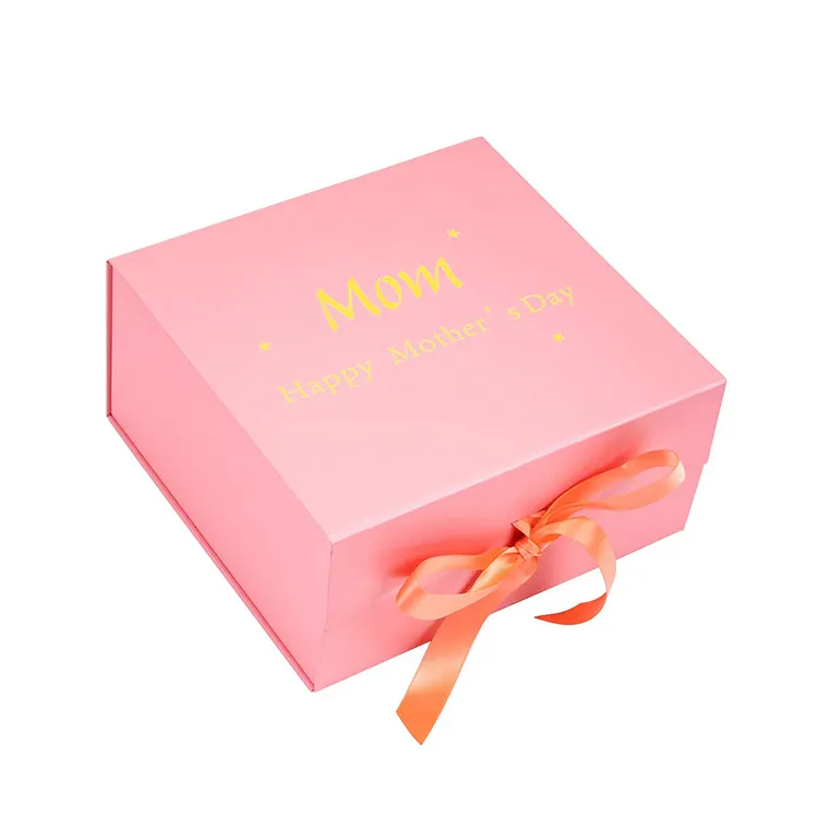 कस्टम मुद्रण चिपकने वाला टेप के साथ चुंबकीय तह गुलाबी माताओं दिन उपहार बॉक्स रिबन